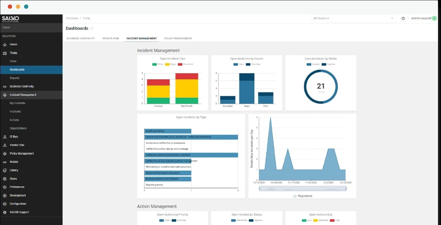 SAI360 incident management dashboard with status, impact and action charts